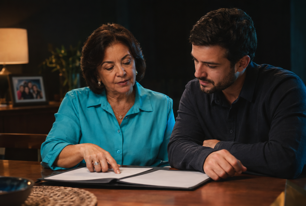 Mãe e filho adulto revisando documentos juntos à mesa