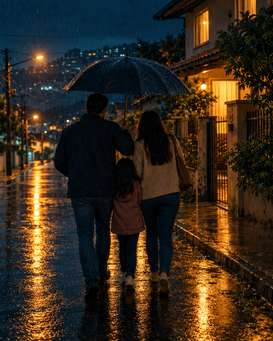 Pai segurando um guarda-chuva sobre a esposa e a filha numa noite de chuva
