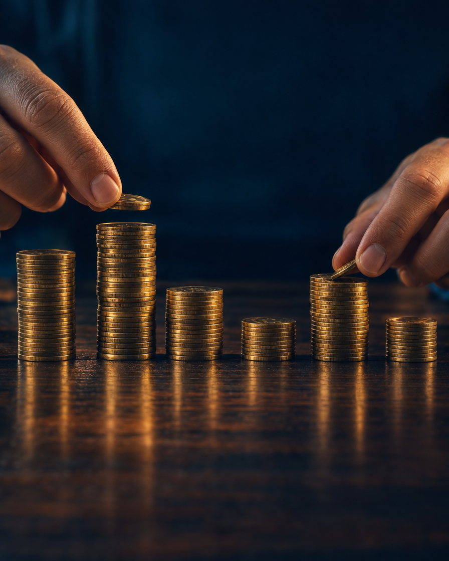 Mão colocando e tirando moedas de pilhas de alturas diferentes