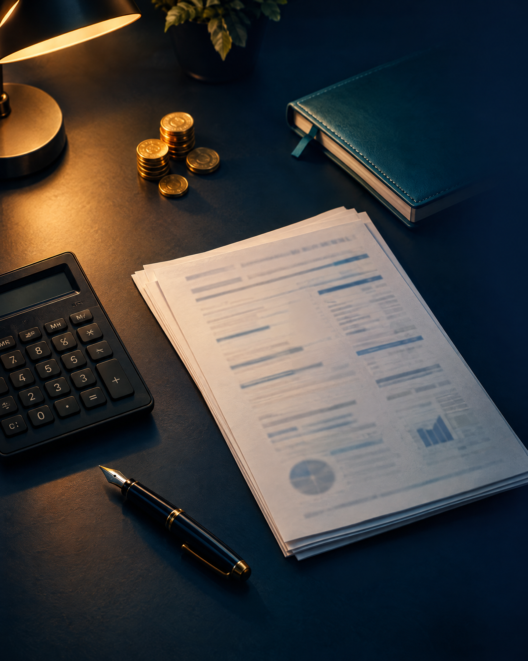 Calculadora, caneta, formulários e moedas sobre uma mesa escura