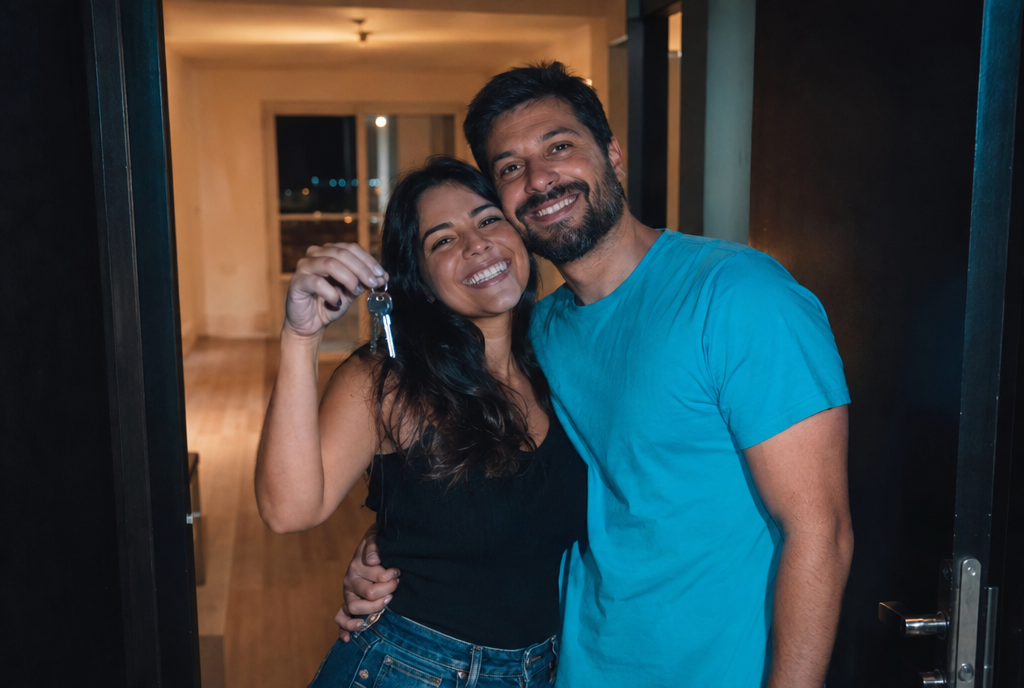 Casal jovem comemorando com as chaves do apartamento novo na porta de entrada
